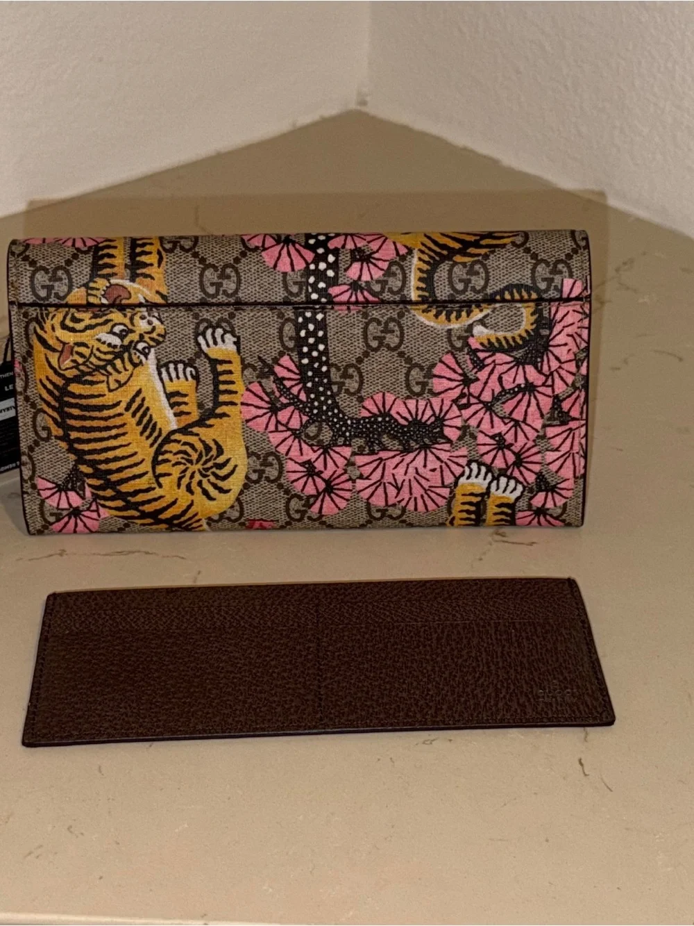 Gucci GG Supreme Floral & Tiger Continental Wallet - Pink & Yellow